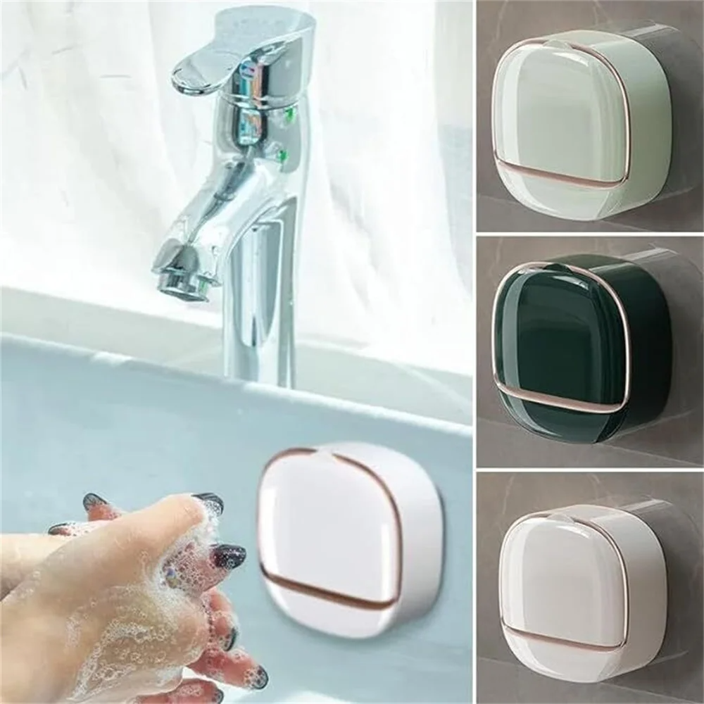 Wall mounted soap box with lid, non drilled drainage soap tray